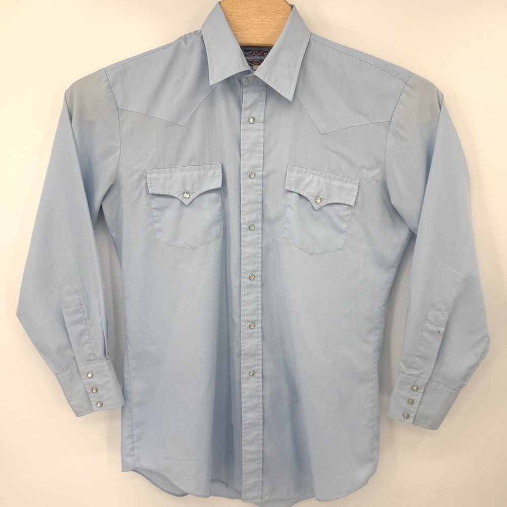 Pardners Western Shirt Mens 16.5 x 34 Light Blue Pearl Snap Vintage Korea
